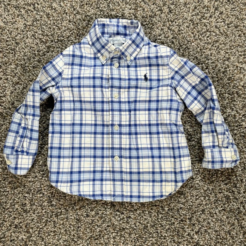 Ralph Lauren Kid's 18M Button Down Long Sleeve Shirt Blue White Plaid Cotton